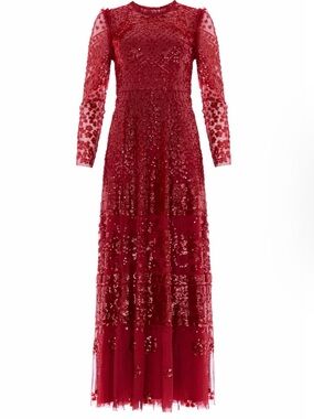 Needle & Thread Red Long-Sleeve Sequin Embellished Maxi Dress